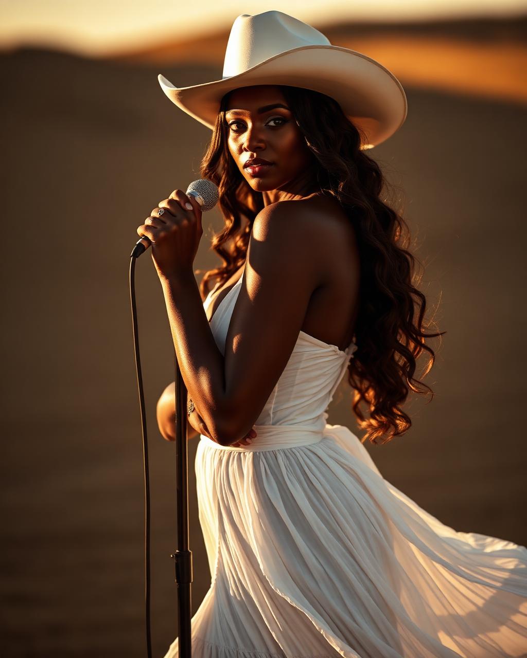 Tiffany Rachal performing in a desert at golden hour